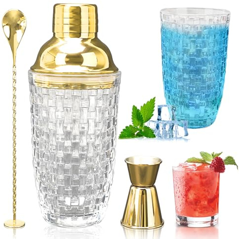 LUPATDY Set di shaker da cocktail in vetro, da 400 ml, con misurino e pala, in acciaio inox, per casa, bar, vino, succhi di frutta misti, bevande, oro