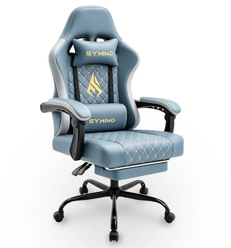 Symino Chaise de Gamer Ergonomique, Chaise Gaming avec Soutien Lombaire Repose-Pieds, Fauteuil de Bureau réglable et pivotant capacité de Charge 150 kg, Cuir PU Blanc Bleu