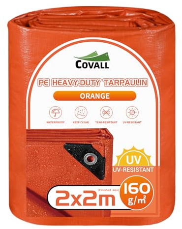 COVALL Telone Impermeabile Occhiellato 2x2m con Protezione UV - Telo da Esterno 160 g/m² per Copertura, Campeggio (Sotto Tenda), Giardino, Gazebo - Antipioggia e Copritutto - Arancione Brillante