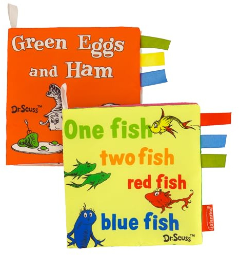 Infantino Dr. Seuss Soft Activity Books, One Fish Two Fish Red Fish Blue Fish & Green Eggs and Ham, Baby Cloth Books with Colorful Pages and Satin Tags for Infants & Toddlers 0+ Months, 2-Pack