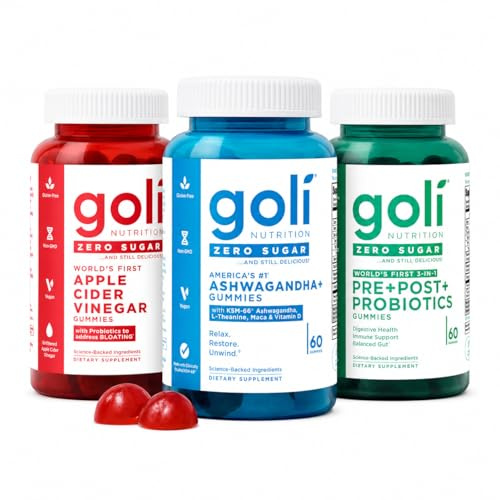 Goli Zero Sugar Gummies Wellness Trio | World's First 3-in-1 Pre+Post+Probiotic | Apple Cider Vinegar, Vitamin B12 & Probiotics | Ashwagandha, L-Theanine & Vitamin D | Vegan, Gluten-Free, Non-GMO