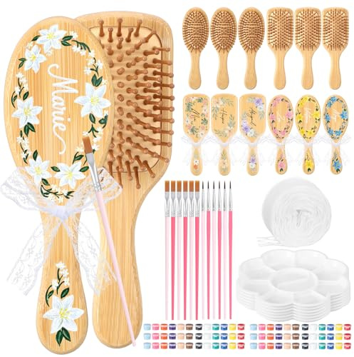 Acellegic 12 Set Bamboo Hairbrush Painting Kits Bulk Hand Painted Crafts for DIY Wooden Hairbrush Girls Hand Painted Make Your Own Night Party Supplies with Paint Brush and Palette
