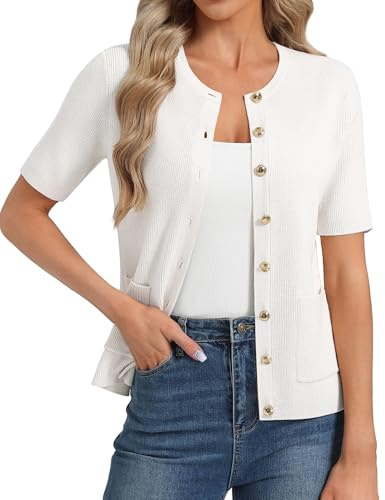 GRACE KARIN Women's Short Sleeves Solid Knit Cardigan Round Neck Button Tops with Pockets White M