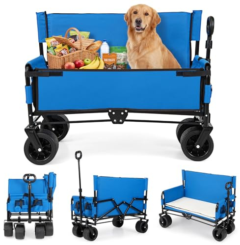COSTWAY 2 en 1 Banco y Carro Plegable con Ruedas Grandes, Carro Playa, Jardín con Asa Ajustable, Cojines y Ruedas, para Transporte, Camping, Playa y Compras, Carga 80kg, 96x59x75-106 cm (Azul)
