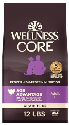 Wellness CORE Senior Dry Dog Food, Grain-Free, High Protein, Natural, Age Advantage Turkey & Chicken Recipe, (12-Pound Bag)