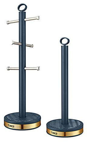 Tower Empire Mug Tree and Towel Pole Set, Stainless Steel, Anti-Slip, Midnight Blue and Brass