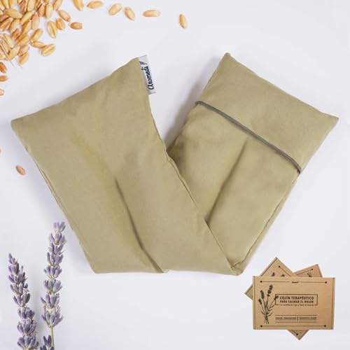 Cojín semillas microondas, saco térmico de semillas con funda lavable 100% algodón, lavanda natural y trigo(48x15). Cojín térmico para calmar el dolor. Retención de frío y calor (Verde Aceituna)