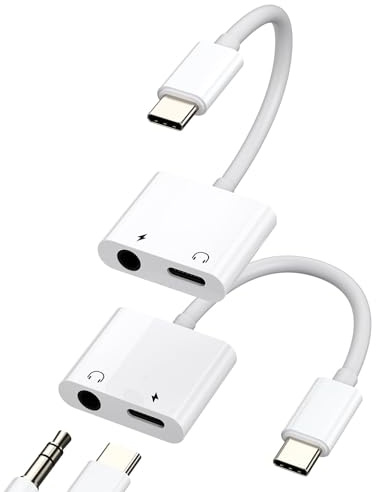 Adaptador USB C a auricular de 3,5 mm Cable Jack 2 en 1(juego de 2)Auriculares Cargador DAC Audio Compatible para Xiaomi Huawei Redmi Google Samsung S21 Cable doble toma Splitter Coche auxiliar