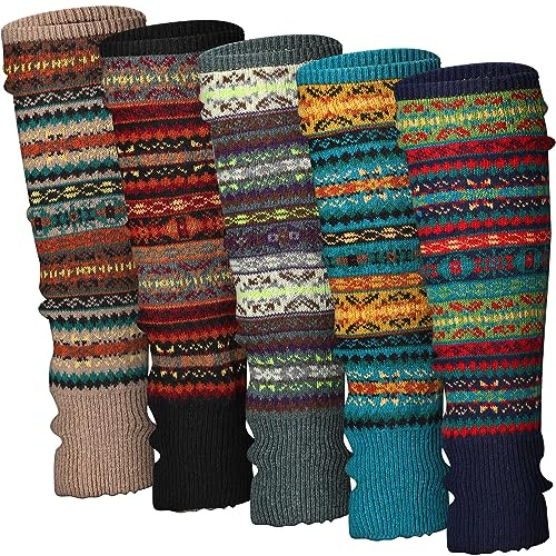 Liitrsh 5 Pairs Boho Long Leg Warmers for Women Winter Christmas Wool Bohemian Leg Warmers with Crochet Flowers(Classic Color)