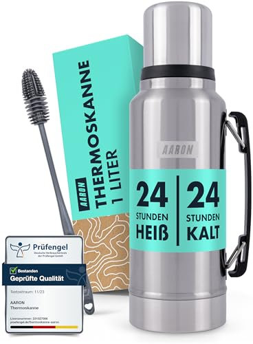 AARON Flask Thermoskanne 1L - mind. 24h Heiß/Kalt, auslaufsichere Trinkflasche aus Edelstahl, Spülmaschinenfest - Thermosflasche Edelstahl und schwarz