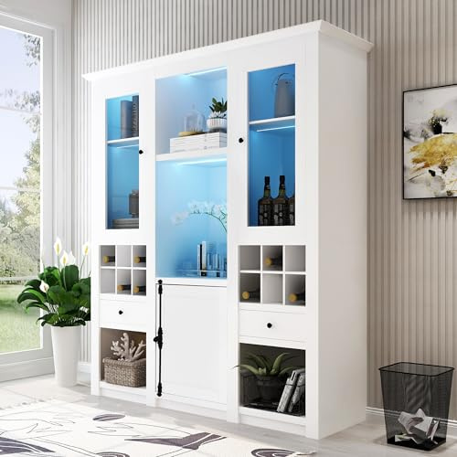 Rtopsu Credenza Cucina con Scaffale per Vino e Illuminazione LED, Mobile Buffet Mobile Alto da Cucina 7 Armadi e 2 Cassetti per Soggiorno e Cucina, 170x143x45,5 cm, Bianco