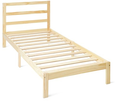 Amazon Basics Estructura Cama de Madera con Cabecero, Madera Maciza de Pino, Incluye Somier, 90 x 200 cm, Pino