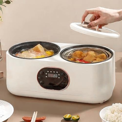Multifunktionell Kokkruka, Elektrisk Dubbel Riskokare Lunchtillverkare med 2 Inre Krukor, Pekpanel, Håll Varmen, Non Stick, Mini Storlek för Soppa, Gryta, 6 Menyer
