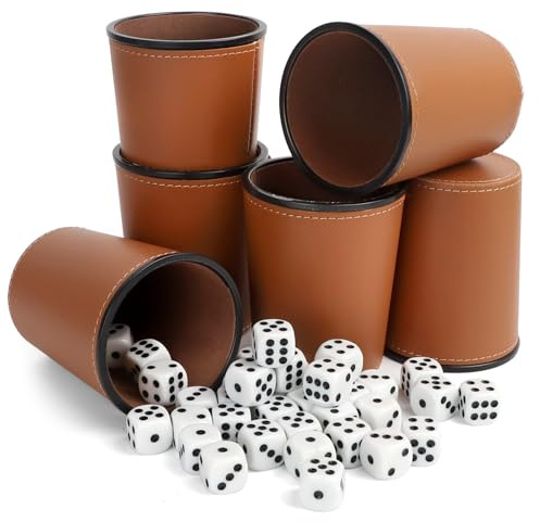 ROTKUSZ 6 Piezas Vasos de Dados de Piel con 36 Dados, Juego con Cubilete, Marrón