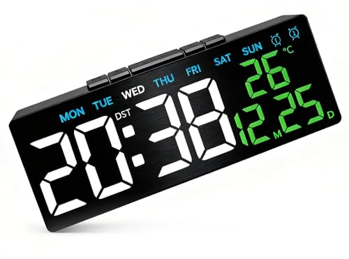 Sveglia Digitale, Luminosità Regolabile A 3 Livelli, Display Di Temperatura, Data, Ora Legale, Funzione Cronometro E Timer, Con Porta Di Ricarica USB Posteriore, Nero Con Testo Verde, 18.2x3.5x6.6 cm