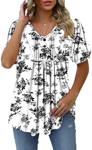 CHICZONE Womens Short Sleeve Tops Henley Shirts V Neck Casual Summer Flowy Blouses Loose Fit