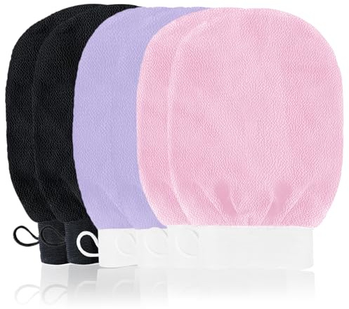 URAQT Peelinghandske, 6 stycken exfolierande handskar, peelinghandske, hamam-handske för dusch, bad, kroppsskrubbning, död hudborttagare, hudvård (svart + rosa + lila)