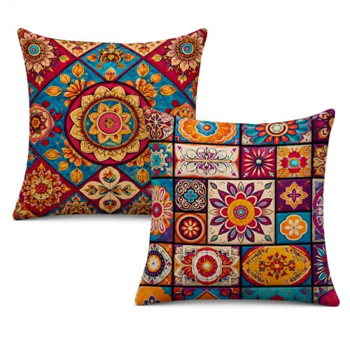 Gemdoit Boho Mandala Cushion Covers 45x45cm Set of 2, Moroccan Tile Print Throw Pillow Cases, Decorative Square Pillow Covers with Hidden Zipper for Sofa Couch Bedroom Living Room Home Decor 18x18 in