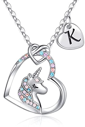 TINGN Regalo para Niñas Collar de Unicornio Chapado en Oro Blanco de 14 Quilates, CZ Corazón Colgante con Cadena Inicial - Joyería y Regalos de Cumpleaños para Mujer