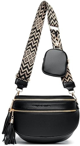 KUNKUN Bauchtasche Damen umhängetasche schwarz Crossbody Bag Damen breiter Gurt 5CM veganes Leder Brusttasche mit münzgeldbörse