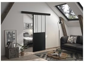 OPTIMUM - Kit porte coulissante + rail + bandeau Atelier - H 204 x L 93 x P 4 cm - Noir verre dépoli