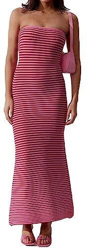 PDYLZWZY Vestido largo bodycon sin tirantes para mujer, vestido largo de punto, vestido largo de verano, sin espalda, color bloque, fiesta, vestido bandeau de punto, Rosa., L
