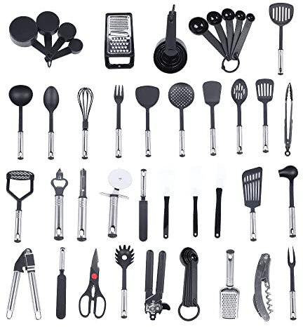Lot de 40 ustensiles de cuisine en acier inoxydable résistant à la chaleur, accessoires de cuisine, set de cuisson, avec poignées en silicone résistantes à la chaleur.