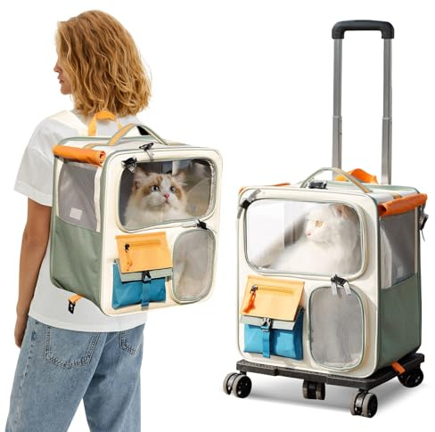 PETCUTE Hundkattryggsäck, 2-i-1 kattbärväska med hjul, andningsbar hundtransportväska, vikbar kattryggsäck med avtagbar matta, upp till 15 kg