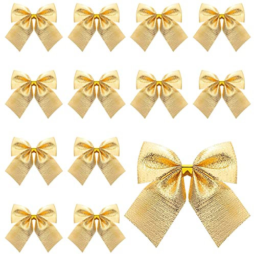Sewroro 12 Stück Weihnachtsschleifen Dekorationen Mini Goldene Schleife Minischleifen Zum Basteln Verpacken Weihnachtsbaum Hängende Dekoration Weihnachtsbaumschmuck
