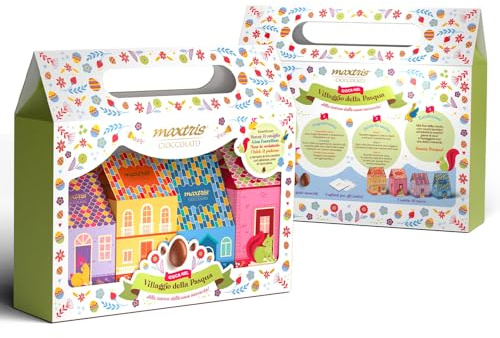 Maxtris Villaggio della Pasqua alla Ricerca delle Uova Nascoste Confezione con 4 Casette con Ovetti ai Gusti Assortiti e Gioco con Indizi all' Interno - 550gr