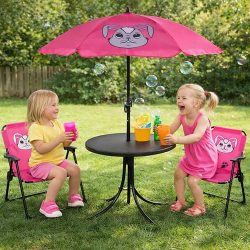 Mojawo Ensemble de 4 meubles de camping d'extérieur pour enfant - 2 chaises de camping pliantes - Lapin + table + parasol - Rose