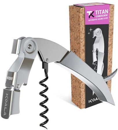 Sacacorchos profesional dos tiempos KOALA TITAN – Acero inoxidable, doble palanca patentada, abridor de vino sommelier resistente y ergonómico. Acabado en Acero