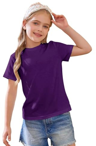 Mjjsk Camisetas de Verano para niñas, Elegantes, Ligeras, de Manga Corta, Lisas, cómodas, Suaves, básicas, Informales, para niños, Morado (, 10-11 años