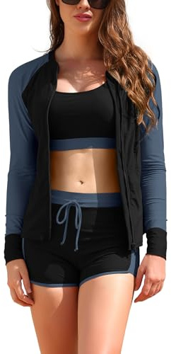 SHEKINI Costume da bagno da donna a maniche lunghe, 3 pezzi, Rash Guard costumi da bagno con chiusura lampo, reggiseno sportivo con pantaloncini, set tankini per surf, nero/grigio, L