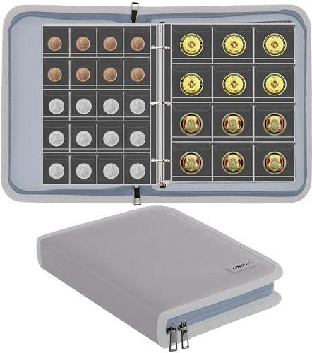 JUNDUN Fireproof Coin Collection Album with 260 Pockets for 20-38mm | Water-resistant, Coin Collection Book with Zip, Coin Case Collecting Storage Dispaly Holder for Collectors, Silver