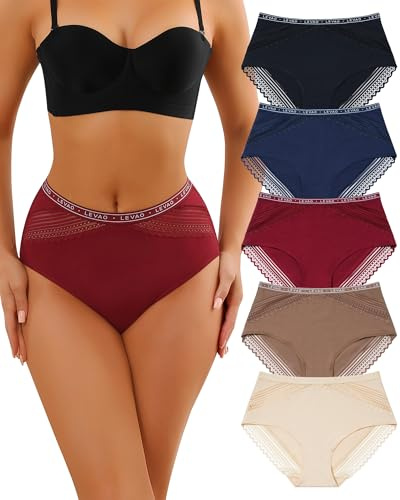 Levao Culotte Femme Coton Slip Féminins Taille Haute Dentelle sous-Vêtements Doux Confort Feminins Panties Shorty Lot De 5 S-XXL