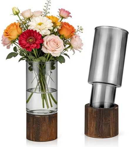 Glass Vase for Flowers - 25cm Tall Cylindrical Vase with Wooden Base Clear Large Flower Vases Boho Rustic Style Vases Modern Minimalist Ornaments for Pampas Grass Dried Flowers Wedding Home Decor