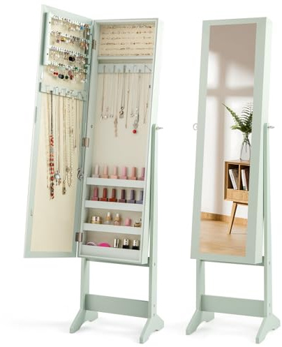 COSTWAY Armoire à Bijoux sur Pied avec Miroir Psyché Coffre à Bijoux, Armoire de Rangement Cosmétiques, 3 Positions Réglables, Installation Facile, Style Nordique (Rose) (Vert Clair)
