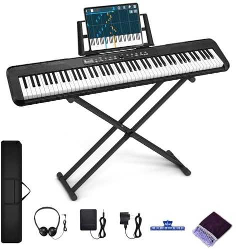 88 Key Piano Keyboard, Electric Digital Piano with Semi Weighted Keys, Keyboard Piano with Sustain Pedal, Power Supply, Stand, Carrying Case, Headphones, USB-MIDI Compatibility, for Beginner Adults
