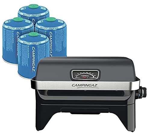 Campingaz Attitude 2go CV BBQ + 4x CV470 plus Gaskartusche, Tragbar, Kompakt, Gas, Edelstahl, Schwarz, 2.4 kW, 1248 cm², 13 kg, 59x52x36 cm, Balkon, Picknick, Camping