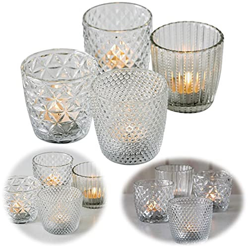 LS-LebenStil 4X Glas Teelichthalter Retro Weiß Klar-Glas 7cm Windlicht-Halter Kerzenständer