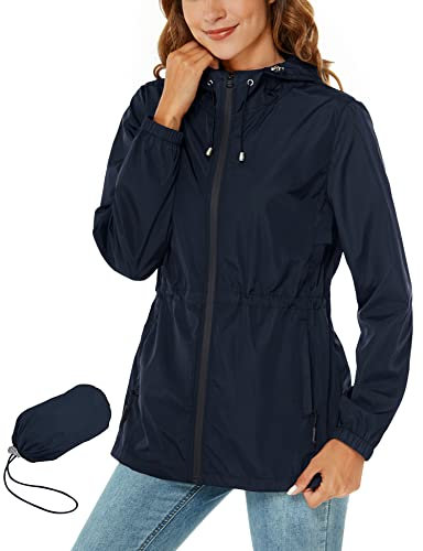 Rapbin Imperméable pour femmes, veste de pluie légère et pliable, avec capuche et poche, style trench-coat, bleu marine, M