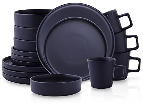 Stone Lain Cleo Modern Steinzeug Geschirrset 16-teilig Teller und Schalen Set Geschirrset Service für 4 dunkelblau