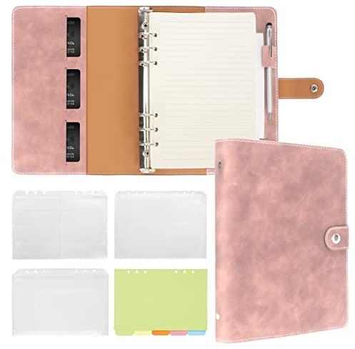 Fyy Carnet de notes A5 en cuir à 6 anneaux avec feuilles de recharge A5, poches de classeur et intercalaires en papier, journal de voyage avec classeur à anneaux Rose