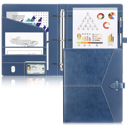 Toplive Padfolio 3 Ring Binder Organizer Business Portfolio Folder for Women, A4/ Letter Size PU Leather Portfolio Padfolio for Interview Conference Presentation, Blue