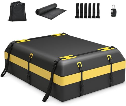 GiantexUK 15/21 Cubic Feet Car Roof Bag for Car Suv (Black+Yellow, 600L) | Waterproof Cargo Top Carrier with Non-Slip Mat, Combination Lock, 6 Door Hooks & Straps, Rooftop Luggage Storage Box