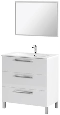 MarinelliGroup Mobile bagno 80 cm a terra lavabo ceramica specchio 3 cassetti BIANCO LUCIDO 305423BO