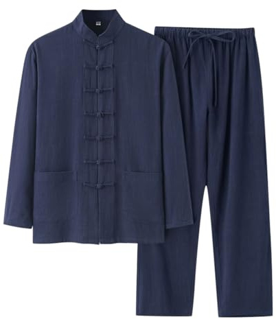 Oanviso Homme Ensemble de Loisirs Chemise et Pantalon Retro 2 Pièces Set Décontracté Survêtement Jacquard Manches Longues Ensemble Coton Ensemble Plage Costume Jogging Kungfu Tai Chi A Bleu XL