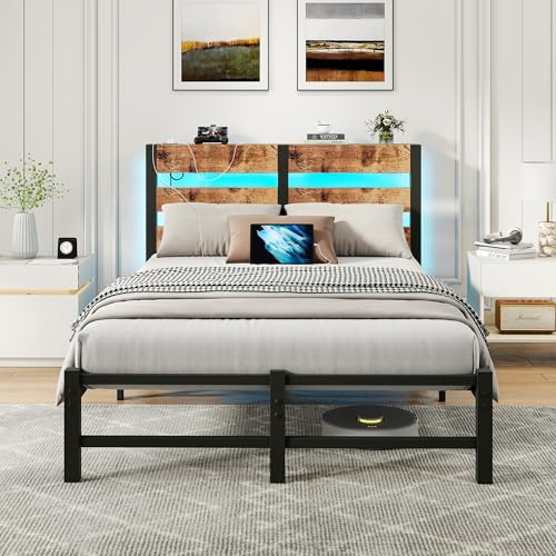 HOMERECOMMEND 4ft6 Double Bed Frame with USB Charging Station,LED Bed Frame with Wood Storage Headboard,Metal Platform Bed Frame Double No Box Spring Needed,Strong Slats Support,Easy Assembly