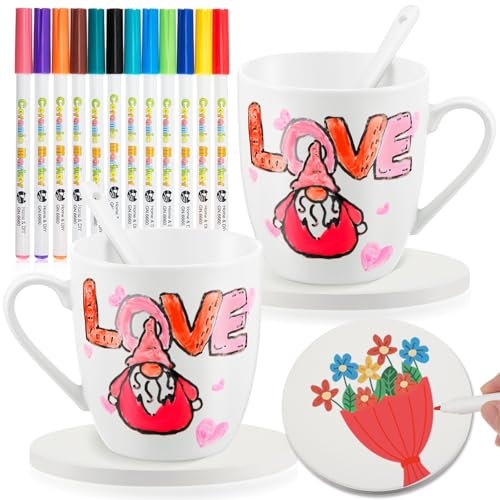 Yaryang Kit Tazze Verniciabili Fai da Te Include 2 Tazze in Ceramica per Adulti 12 Pennarelli 2 Cucchiai 2 Sottobicchieri Regalo per Coppia Compleanno Matrimonio Natale